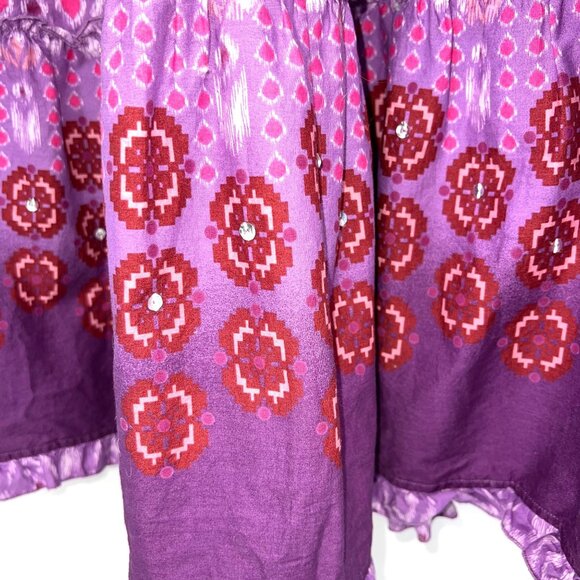 Mudd Smocked Boho Tiered Maxi Sundress Ikat Floral Ruffle Trim Lavender Pink - Picture 4 of 8